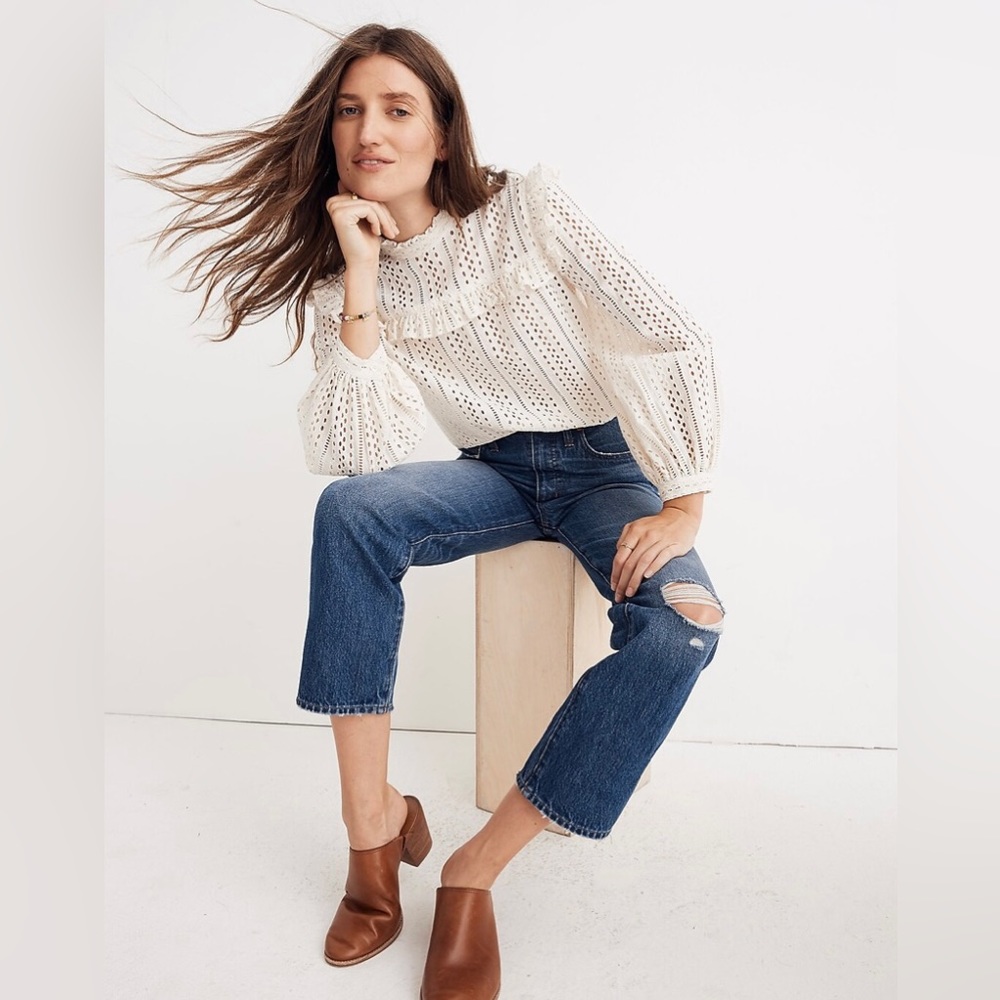 Madewell Classic Straight Jeans in Jade Wash: Knee-Rip Edition J7951